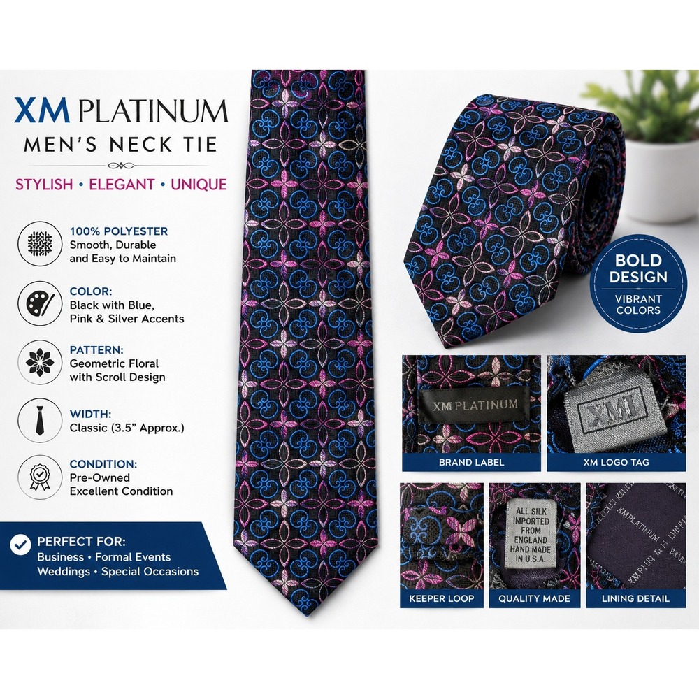 XMI Platinum Mens Silk Tie Black Blue Pink Geometric Floral Scroll Hand Made USA